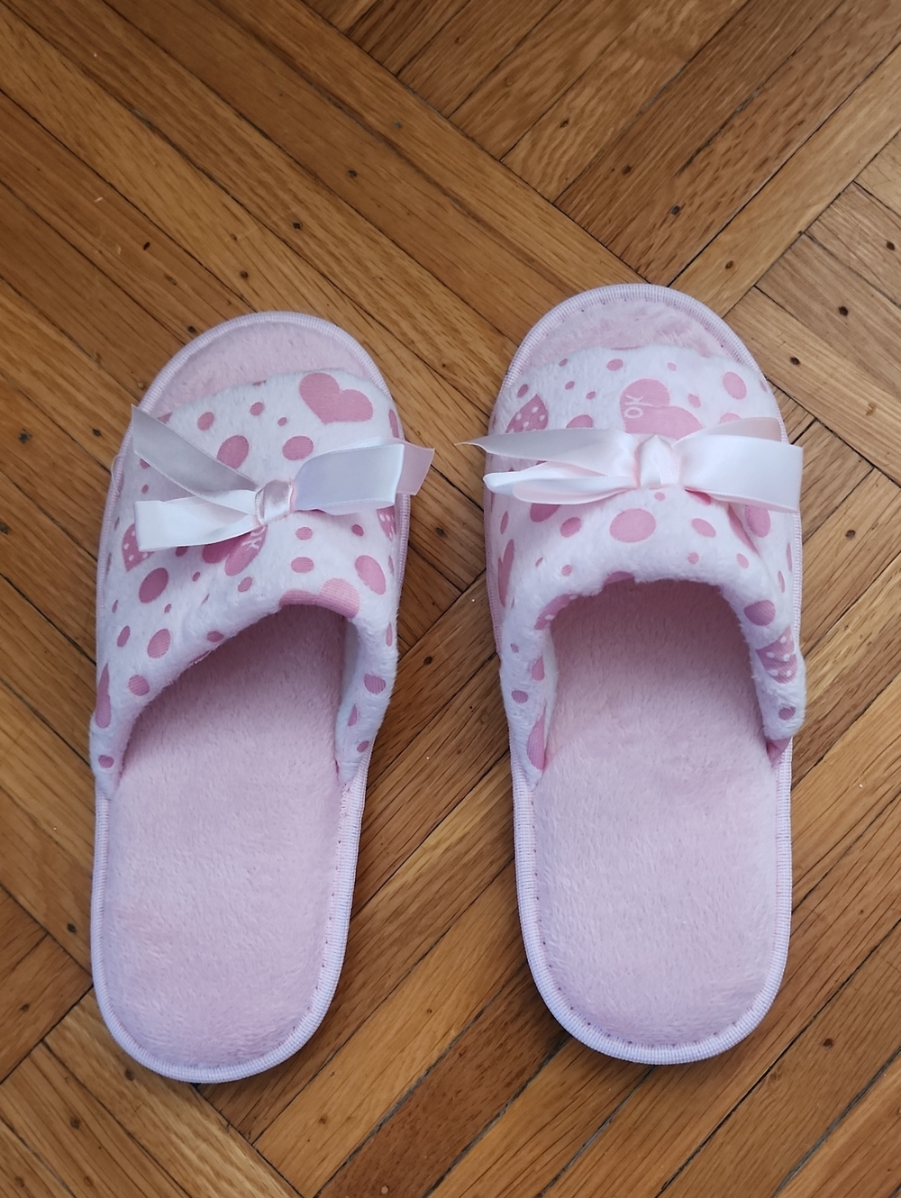 Pink Heart Polka Dot Plush Slippers with Bow